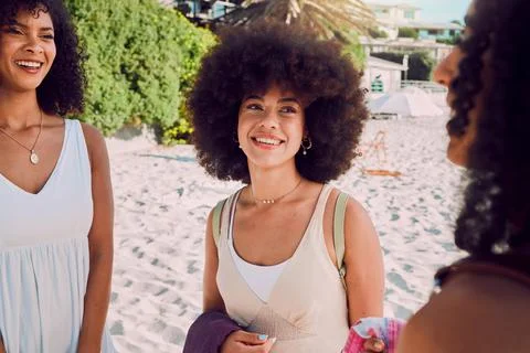Black women, afro or bonding on beach in summer holiday, tropical Bali break or Stock Photos