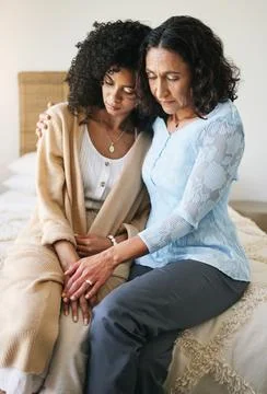 Black women hug, comfort and sad with support, kindness and mental health, love Stock Photos