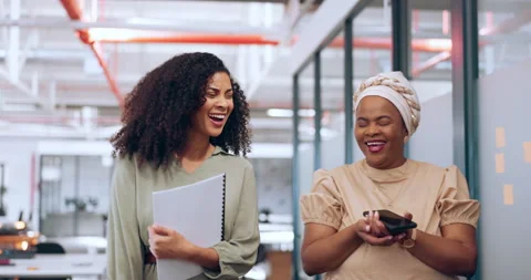 Black women, laughing or walking with business technology, paper or documents in Stock Footage 226778053