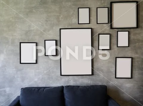 Black wooden photo frames mockup, set collection on modern wall, interior decor Stock Photos