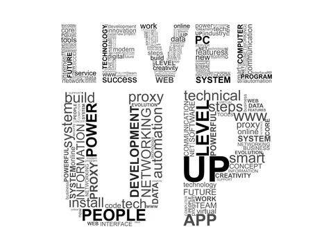 Black words LEVEL UP with technology words inside. Concept with cloud words o Stock Photos