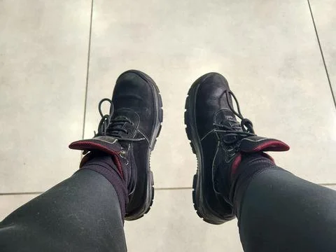 Black Work Boots with Socks Stock Photos
