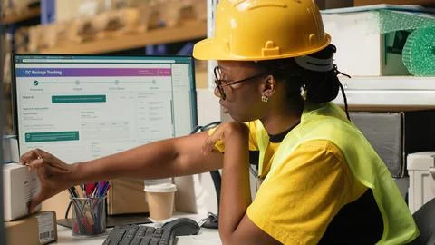 Black worker applying and scanning barcodes awb tags on cargo boxes Foto stock