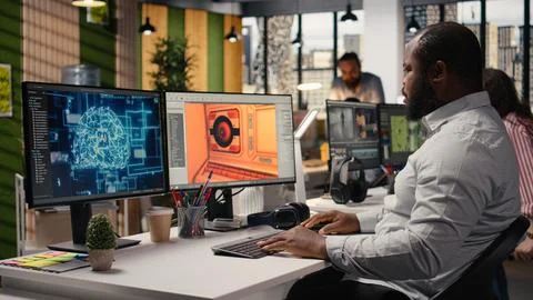 Black worker creating fantasy video game with AI neural networks systems Stock Photos