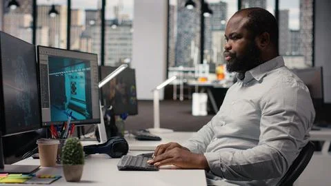 Black worker creating fantasy video game with AI neural networks systems Stock Photos