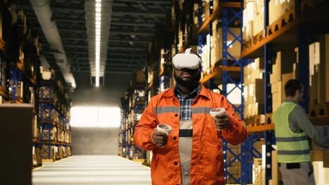 Black worker practices parcel scanning in VR environment with headset Stock Photos