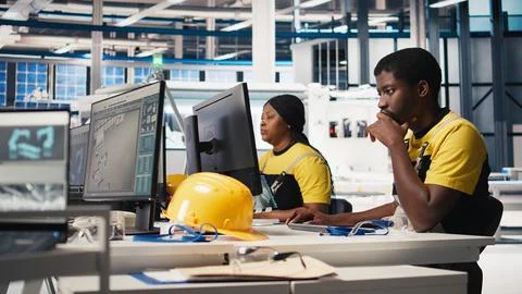 Black worker programming robotic assembly line in solar cell factory Stock-Fotos