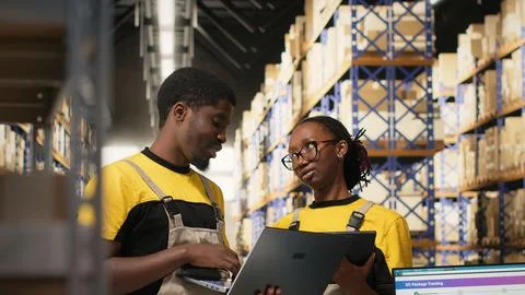 Black workers team preparing merchandise for dispatch in large warehouse 스톡 사진