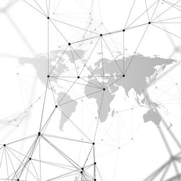 Black world map with chemistry pattern, connecting lines and dots. Molecule.. Illustrazione stock