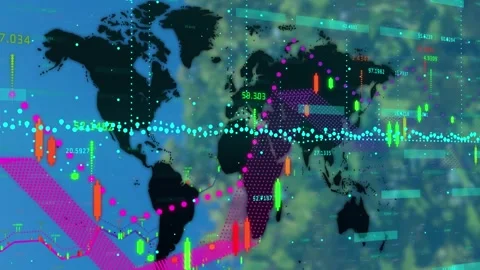 Black world map showing layered data on teal dot pulse, starting sweeping charts Stock Footage 326974328