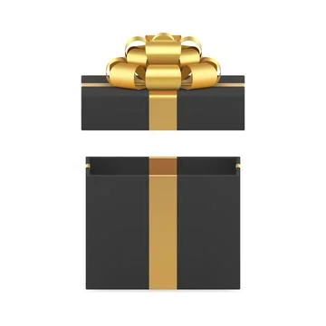 Black wrapped rectangular open gift box with luxury golden bow ribbon 3d ic.. 스톡 일러스트