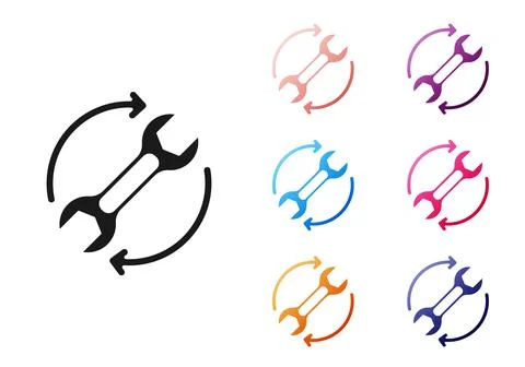 Black Wrench spanner and arrows as workflow icon isolated on white background Stock Illustration