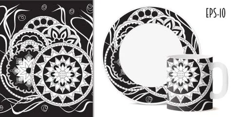 Black zen pattern with mandalas and dishes mockup Stock Illustration