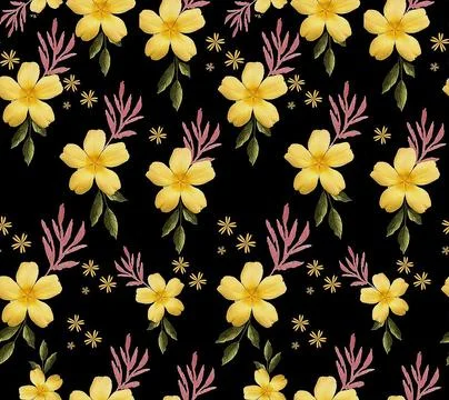 Black,Background,With,A,Yellow,Flowers,And,Green,Leaf,Seamless Ilustração Stock