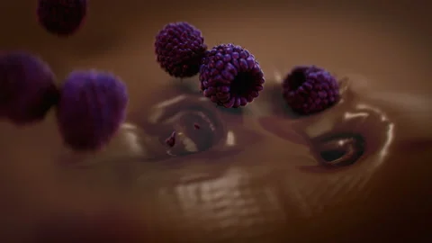 Blackberries Falling Into Liquid Chocolate in 4K Super slow motion Video stock 140405593