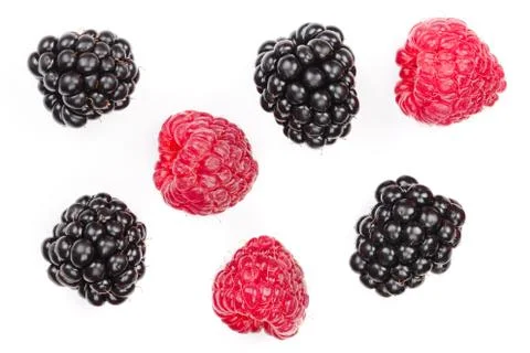 Blackberry and raspberry isolated on white background. Top view. Flat lay Foto stock
