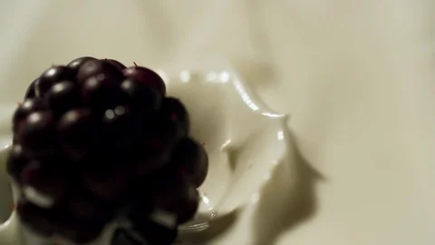 Blackberry falling in yogurt slow motion macro close-up Stock Footage 125379624