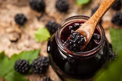 Blackberry jam in a jar Stock Photos