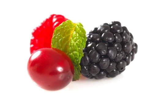 Blackberry, raspberry and cranberry with mint Stock Photos