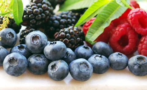 Blackberry , raspberry with blueberry on table Stock Photos