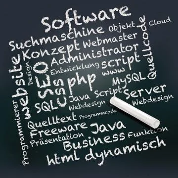 Blackboard and chalk with PHP, SEO, computer science and software Illustrazione stock