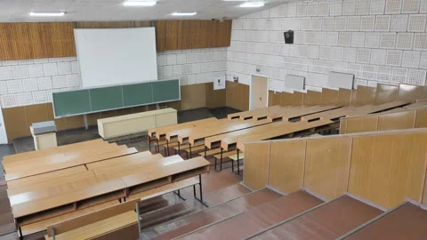 Blackboard And Desks In Empty Lecture Room, Classroom, Auditorium Stock Footage 265166684