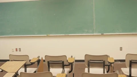 Blackboard and School Desks in Empty Classroom Stock Footage 80727642