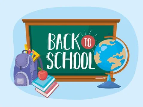 Blackboard with backpack and global map desk 스톡 일러스트