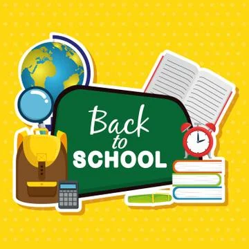 Blackboard with backpack and notebook with magnifying glass 库存插图