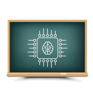 Blackboard chalk draw computer chip and brain Illustrazione stock