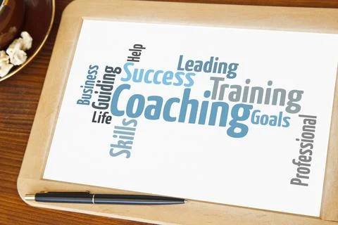 Blackboard with coaching word cloud Foto stock