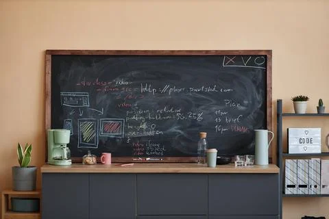 Blackboard with code lines in chalk at coffee station in office Stock Photos