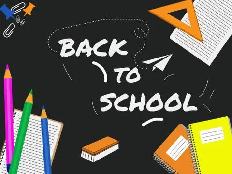A blackboard containing scribbles and writing tools Stock Illustration