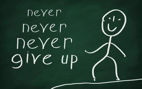 On the blackboard draw character and write Never never never give up Stock Photos