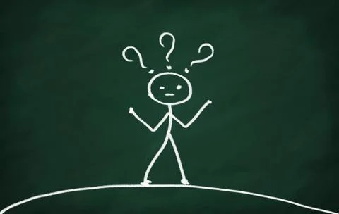 On the blackboard draw character with question-marks Foto stock