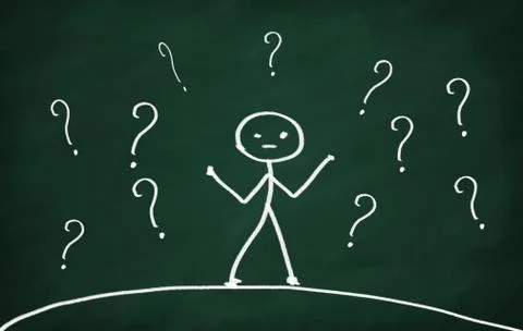 On the blackboard draw character with question-marks Foto stock