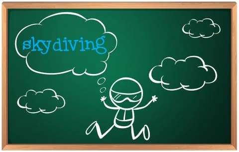 A blackboard with a drawing of a boy sky diving Stock Illustration