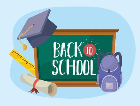 Blackboard with graduation cap and backpack with diploma Stock Illustration