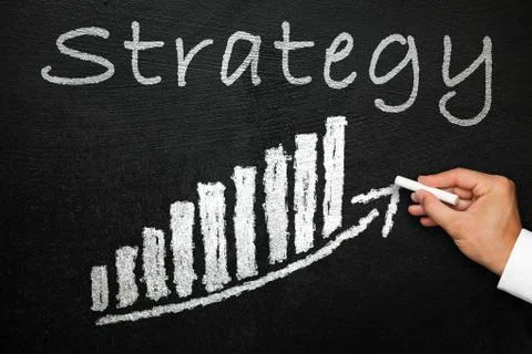 Blackboard with handwritten strategy text. Arrow going upwards, chart. Stock Illustration