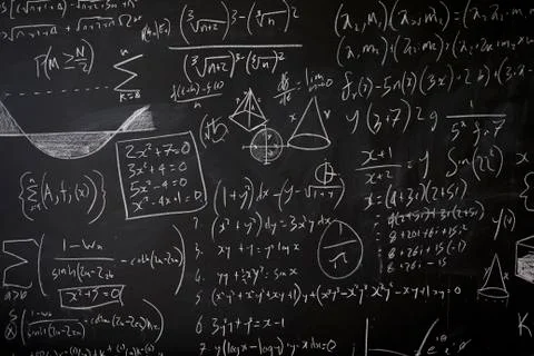 Blackboard with maths statistics, equations and ideas Stock Photos