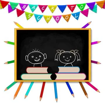 Blackboard, pensils, flags Stock Illustration