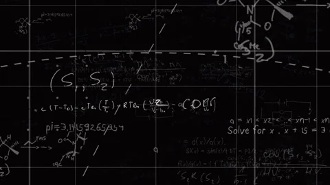 Blackboard presenting white math and chemistry equations over faint grid with Stock Footage 309111267
