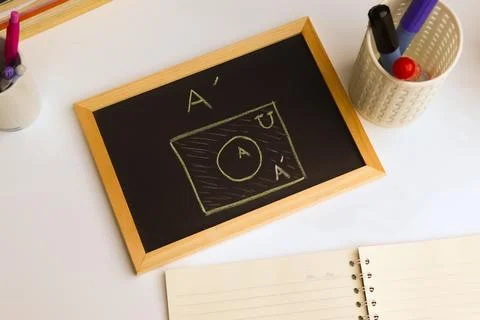 Blackboard with sample basic set hand written Foto stock