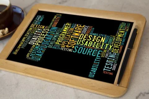 Blackboard with software word cloud Stock Photos
