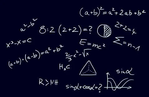 Blackboard to solve mathematics equations. Examples on the chalkboard. clo... Stock Photos