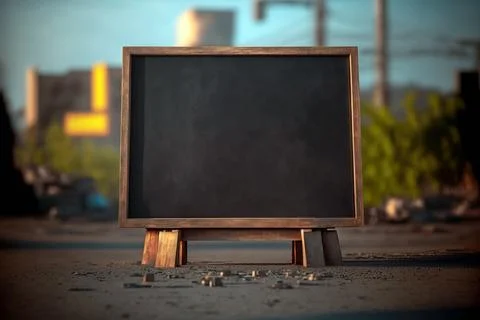 A blackboard standing outside at an empty lot, ai generated Stock Illustration