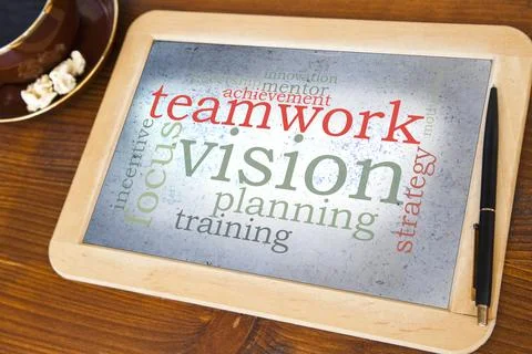 Blackboard with teamwork vision word cloud Stock Photos