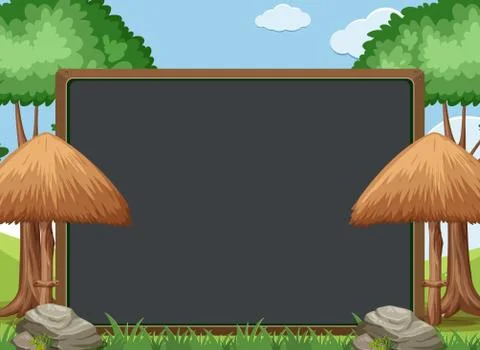 Blackboard template design with trees and umbrellas in garden Stockillustratie