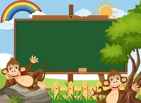 Blackboard template design with two happy monkeys in the park Stock Illustration