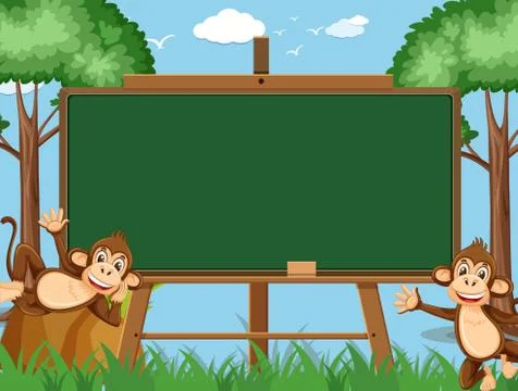 Blackboard template design with two happy monkeys in background Stock Illustration